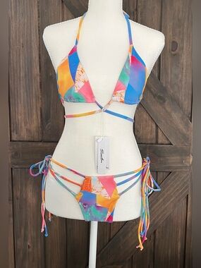 NWT Brazilian Bikini Set Medium Tropical Colorblock String Tie Swimwear